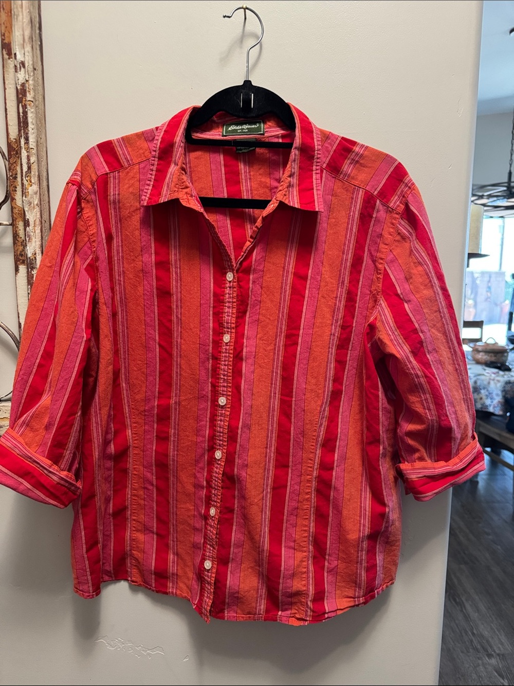 Eddie Bauer Red and Orange Striped Women's Button-Down Shirt